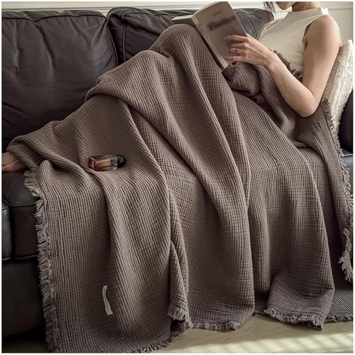 QZYGWCS Coperta In Garza Lavorata a Maglia Leggera: Coperta In Garza a 6 Strati In 100% Cotone Morbida e Traspirante con Nappe Bifacciale per Divano Letto (Marrone Scuro, 130x170cm)