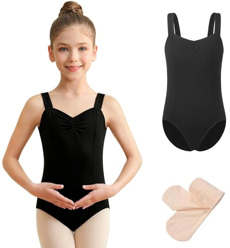 Mulnall Girls Dance Leotard with Wide Strap, Cute Black Ballet Tank Camisole for Child(23921-06-XXL)