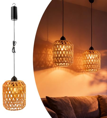 ExKeen Hängelampe Akku Ohne Stromanschluss, 2 Stück Rattan Hängelampe Lampe mit Fernbedienung, IP65 Wasserdicht, Dimmbar, Timer, Boho Deko Lampe für Innen Außen Balkon Patio Bar Hof