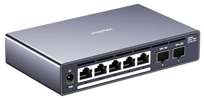 Commutateur 2.5G PoE+ 5+2 Ports XikeStor avec 2X SFP+ 10G, 100W, 5 Ports PoE (30W Max), Non Géré, Fanless, Plug & Play, Bureau/Mural pour NAS, Caméra IP, Bureau