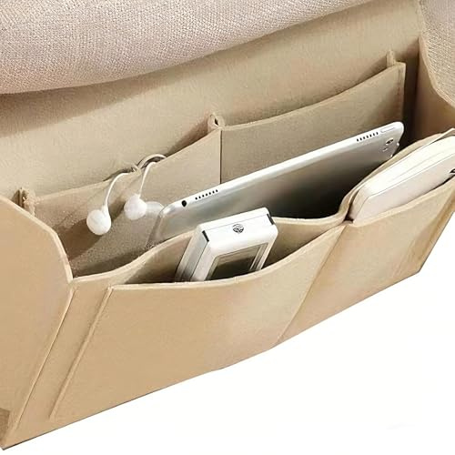 HhBdy Bolsa de Fieltro para Colgar con 5 Compartimentos de Cama Organizador de Cama de Fieltro para periódicos, Gafas, teléfono Inteligente (Beige)