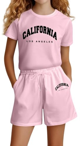 Vuncio Ensemble Enfant Fille été a la Mode Mignon Tee Shirt Manche Courte Et Short Taille Elastique Ample Vêtements Ado Fille Pas Cher Confortable Casual Jogging Vacances 4-14 Ans