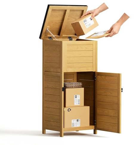 Pamapic Paketbox, Extra Große Briefkasten mit Paketfach den Außenbereich, Bodenmontiert, Abschließbar, Wetterfeste Paketbriefkasten Holz mit Klappdeckel, Schräger Oberseite, 50x49x114 cm, Natur