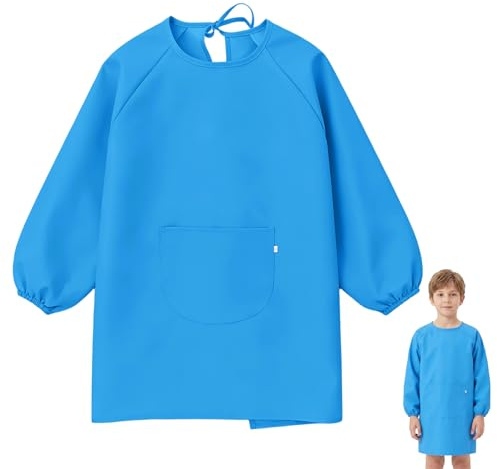 Mecmbj Bata Pintura Niños, Delantal Pintura Niños 8-12 Años, con Bolsillo y Mangas Largas, Ajustable, para Manualidades, Comer, Escuela, Cocinar y Dibujar