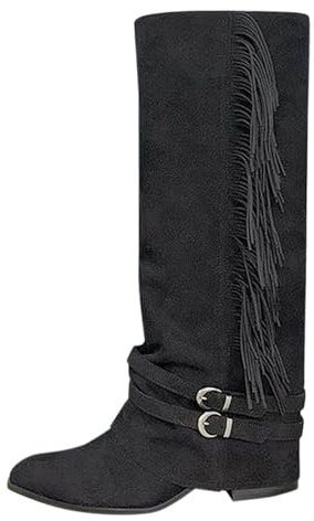 Knähöga stövlar dam med klack svarta hajstövlar med fransar cowboystövlar västerländska stövlar dam retro långa stövlar höst vinter slip-stövlar damstövlar övergångsstövlar fransstövlar