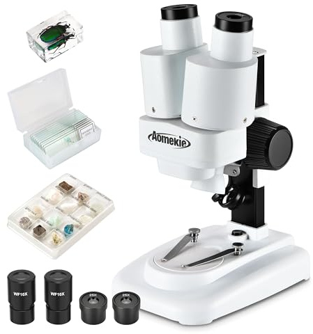 Aomekie Microscope Stéréo 20X/50X, Loupe Binoculaire 3D avec Lames de Verre, Échantillons de Minéraux et Spécimens, pour Juniors et Étudiants