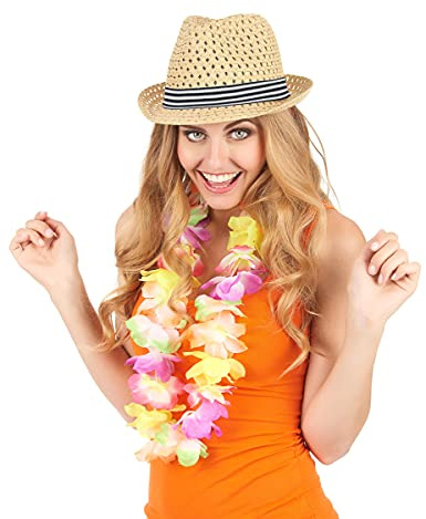 VEGAOO - Sommerlicher Borsalino-Strohhut für Erwachsene beige - 1 Hut - Einheitsgröße - Gelb - Accessoires - 100% Polyester - Carnaval