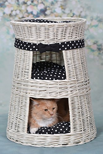 e-wicker24 Alles aus Weide Runde Katzenhütte in Beige, Katzenkorb aus Weide, Korb für die Katze mit DREI Etagen, Katzenlager mit Kissen, Katzenturm
