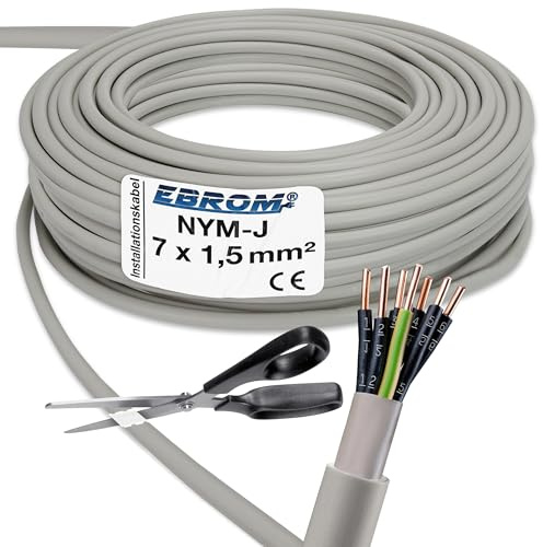 EBROM NYM-J 7x1,5 mm² Installationskabel Mantelleitung grau - Länge: 100 m | 5 m bis 100 m, Installationsleitung mit nummerierten Adern, für die feste Verlegung in trockenen + feuchten Räumen 7x1,5 mm2