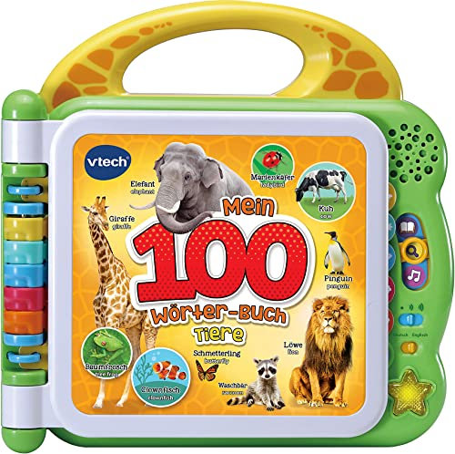 Vtech 80-609544 Baby Mein 100-Wörter-Buch Tiere, Interaktives Bildwörterbuch zum Lernen erster Wörter, Tierbuch mit 12 bilingualen Seiten in Deutsch-Englisch, Für Kinder von 2-5 Jahren