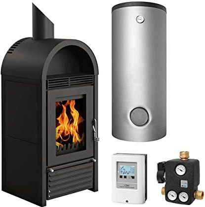 Schmitzker KS3022 Marbella Stahl Schwarz Wasserführender Kaminofen - Komplett-Set mit Pufferspeicher TPSR 300L + 1 SWT