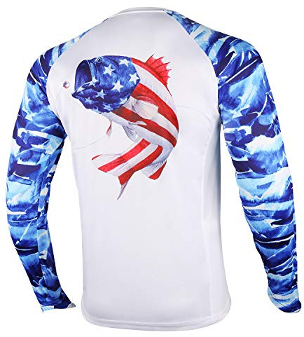 Palmyth Fishing Shirt for Men Long Sleeve Sun Protection UV UPF 50+ T-Shirts with Pocket (Largemouth bass/Flag, Large)