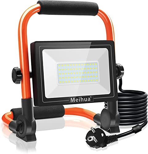 MEIHUA 60W Faretto LED da Cantiere, Lampada da Lavoro Portatile 5200LM 6500K, Rotazione 360° con Staffa Pieghevole, Faro LED da Costruzione Impermeabile IP66 per Officina, Esterni, Garage