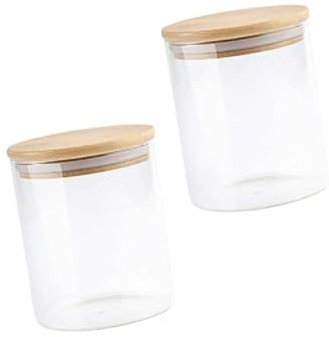LATRAT Tarro de cristal de borosilicato con tapa Juego de 2, Tarro de 250ML con tapa de bambú Tarro de cristal redondo para café Lata de té Caja de almacenamiento