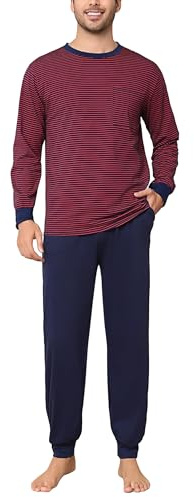 Aseniza Pyjama Homme Hiver Coton Ensembles de Pyjama Chauds à Manches Longues Rayures Vêtements De Nuit Vêtements de Détente pour Hommes Long Deux Pièces Loungewear À Rayure-Rouge, L