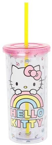 Silver Buffalo Sanrio Hello Kitty - Bicchiere alto in plastica con coperchio e cannuccia, 590 ml