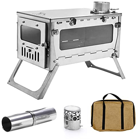 TOMOUNT Ultralight Titanium Wood Stove with Viewing Glass Door, Portable Camp Stove for Tents, Includes Chimney & Heat-Resistant Gloves | for Outdoor Cooking, Heating, Hiking & Accommodations