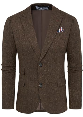 PJ PAUL JONES Sakko - Giacca da uomo vintage British Blazer, con 2 bottoni, in tweed, marrone scuro., M