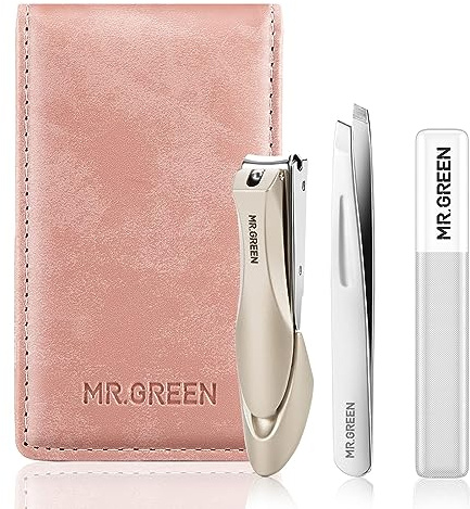 MR.GREEN Nagelklippare 3 st set, rostfritt stål manikyr pedikyr set med nagelklippare, glasnagelfil och pincett, medicinsk kvalitet groomingkit med resefodral presentförpackning för män och kvinnor