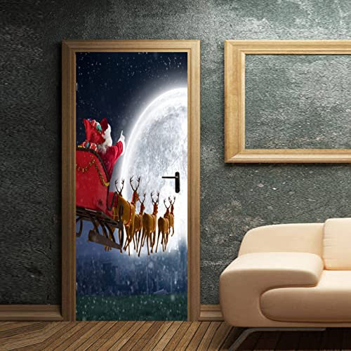 Türtapete Selbstklebend Türposter Weihnachten Santa Mond 90X200Cm 3D Effekt Türaufkleber - Fototapete Türfolie Poster Tapete - Pvc Wasserdichte Wandbild Home Wohnzimmer Dekoration Wandtattoo