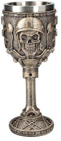 Figuren Shop GmbH Totenkopf Weinkelch Motohead 200 ml - Bronzefarben, Motorrad-Design mit Schädel, Edelstahl-Einsatz, 19 cm