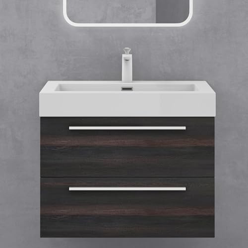 doporro Badmöbel-Set Waschbeckenunterschrank in Dunkelgrau 73x48x60cm | Wandhängendes Badmöbel-Set mit Mineralguss-Waschbecken, Soft-Close-Schubladen – pflegeleicht für moderne Bäder Quadratto