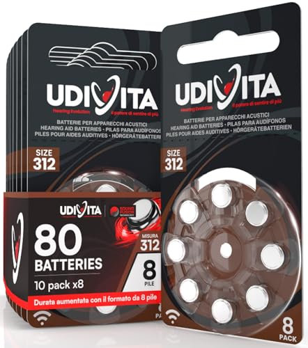 80 Batterie Per Apparecchi Acustici Auricolari Udivita Misura 312 PR41 (Marroni) - 10 Blister da 8 Pile