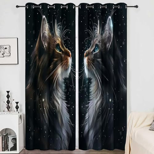 Verdunklungsvorhänge Gardinen mit Ösen Blickdichte Vorhänge Lärmschutzvorhang für Kinderzimmer Thermo Gardinen mit Langhaarige Getigerte Katze Muster, 214 x 91.5 cm (HxB), Sternenhimmel Katze 2er Set