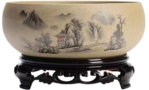 KDAMGOQE Bowl Planter Ceramic Planter Round 6.5 In Dia Decorative Chinese Style Bowl Planter with Base Gardening Desktop Ink Painting Outdoor/Indoor Large Planter Pots for Patio Balcony Home
