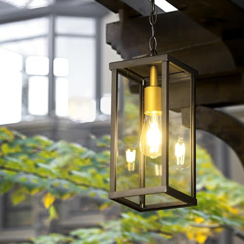 Mengjay Pendelleuchte Vintage Außen Hängelampe Schwarz Retro IP44 Wasserdicht Hängeleuchte Aluminium Glas Kronleuchter Industrial Deckenleuchte Garten Terrasse Aussenleuchte (groß)