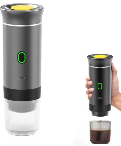 Machine à Café Portable de Voyage,Expresso Cafetière Rechargeable 12V et sa pochette Pour Camping et Voiture,Chauffage Rapide,compatible avec Capsules K-Cup et café moulu,Pour voyage (Gris)