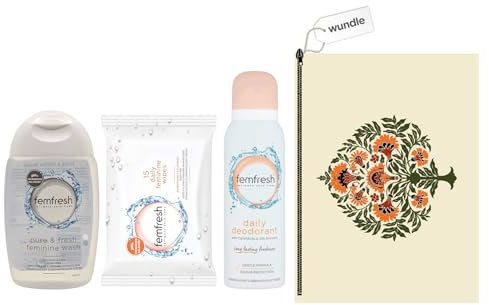 Wundle Bundle Contains Feminine Intimate Wash & WipesTravel Set by Fem Fresh includes Canvas Storage Pouch (Wash, Wipes & Deo)