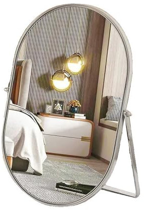 Hosoncovy Free Standing Desktop Mirror with Stand,Large Dressing Table Tabletop Metal Frame Cosmetic Vanity Makeup Oval Wall Hanging Mirror Full Length for Bathroom Bedroom Living Room (Silver)