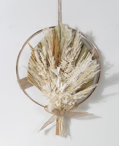 GHIAKQYT Couronne naturelle de fleurs séchées avec anneau en métal et feuilles de palmier séchées - Décoration murale bohème - Fleurs séchées - Décoration d'intérieur
