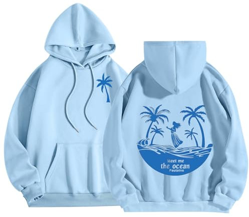 Girls Hoodies Palm Puff Letter Graphic Print Retro Comfy Fleece Sweatshirt with Pocket Long Sleeve Casual Pullover Hoodies for Women,Preppy Casual Letter Floral Print Sweatshirt Drawstring Oversized