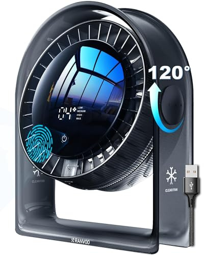 2026 New Desk Fan, Quiet Air Circulator Mini Fan for Bedroom, Portable Smart Display USB Fan, 4 Speeds Strong Airflow, 120°Tilt, Small Desktop Table Fans For Office Bedside Room, Translucent Black