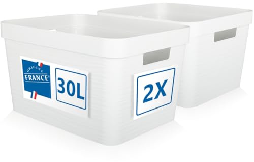 Stimo 2er Set Aufbewahrungsbox 30L Aufbewahrungskorb Kunststoff Ordnungsbox mit Griffen für Badezimmer Regal Organizer Box (Weiß, 2er Set 30L)