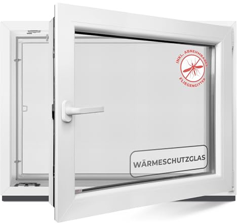 Kellerfenster 80x50 cm 2 fach Verglasung - Alle Größen Kunststofffenster 60mm Profil -Din Rechts- BxH: 800x500mm Perfekt für Fenster Gartenhaus, Garagenfenster, Hauskeller mit Dreh-Kipp System