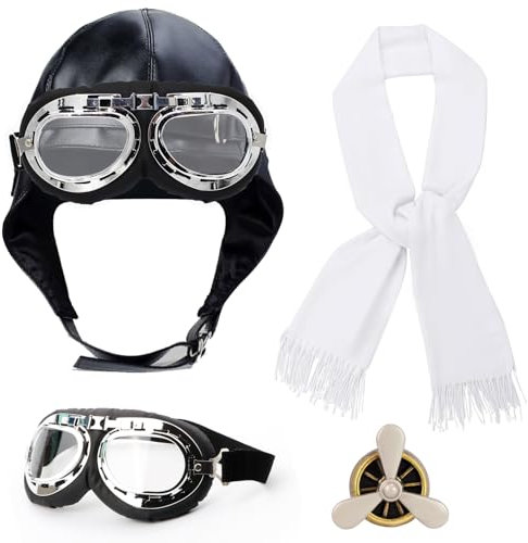 Hifot Pilot Kostüm Herren Damen Fliegermütze Schwarz Fliegerbrille Fasching Pilot Hut Brille Set Weißem Schal Flugzeug Brosche Vintage Pilotenmütze für Erwachsene Halloween Karneval
