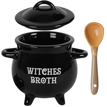 Olla de cerámica para estofado, cuenco para servir caldero de sopa, soporte de sopa de reloj negro, servidor temático de Halloween, tarro de plato de inmersión, decoración rústica de cocina