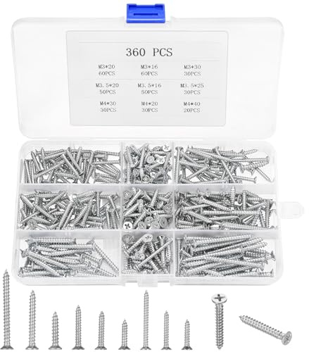 360 Pcs Wood Screws Assortment, M3 M3.5 M4 Countersunk Cross Self Tapping Screws for Plastic DIY Woodworking Furniture Sleeper Decking Concrete Masonry ScrewsSilver