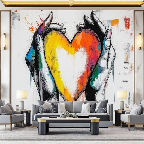 Art Photo Wallpaper Artistic Non-Woven Living Room Bedroom Palm Heart Shape Paint Wall Decoration - Photo Mural- Gaming Room Tv Background Wall Decor 350 X 256 Cm
