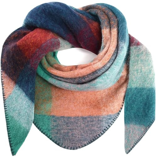 Lonya Dreieck Schal Damen XXL Strick Halstuch Dreieckstuch Damenschal Winter Bunter Schal Winterschal Kuschelig Flauschig, 195×135 CM, Blau+Grün