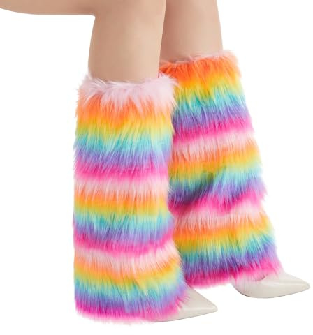 Felcia Y2K Damen-Beinstulpen aus Kunstfell, stilvolle Regenbogen-Stiefelüberzüge, modisches Kostümzubehör