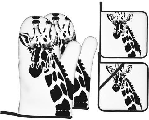 Set di 4 guanti da forno e presine a forma di giraffa, colore bianco e nero, resistenti fino a 500 gradi