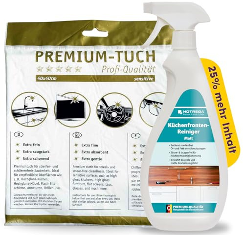 HOTREGA Küchenfronten Reiniger Matt 750ml | Entfernt Fett & Fingerabdrücke | Pflegespray inklusive Microfasertuch | Streifenfrei für Lack, Folie & Kunststoff | Ideal bei schwarzem Edelstahl