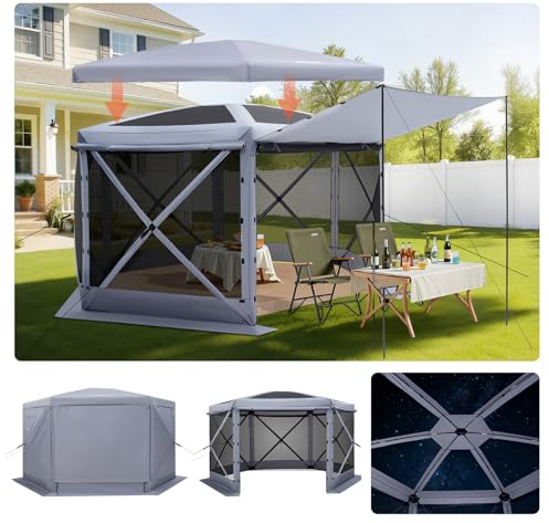VEVOR Popup-paviljongskärmstält, 3,7 x 3,7 m stort 6-sidigt campingbaldakintält med avtagbar topp och bärväska, snabbt set och bitsäker, skärmhussolskydd för 8–10 personer uteplats, grå