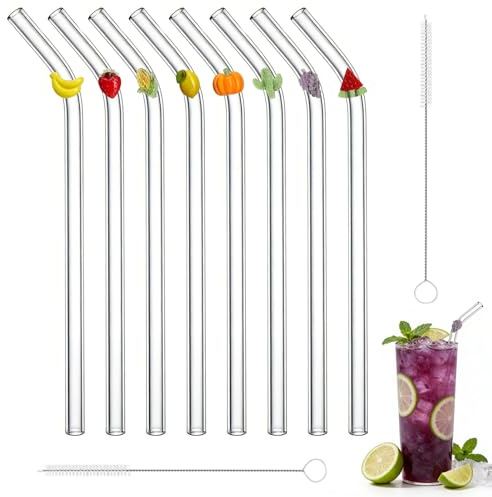 XRVRILE Cannucce Vetro Riutilizzabili 8PCS con 2 Spazzole – Cannucce in Vetro Borosilicato Motivi Frutta 3D, Lavabili in Lavastoviglie, Riutilizzabili per Succhi, Cocktail, Frullati, Caffè, Latte