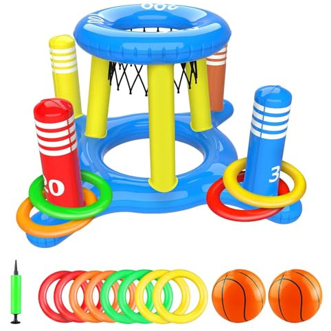 2 i 1 flytande pool basketringar och ringar spel - uppblåsbara poolleksaker för 4–8–12 år, pojkar, flickor och vuxna, vattenspel för fester