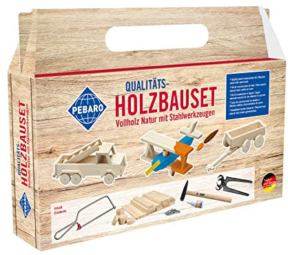 Pebaro 465 Holzbauset im Tragegriff-Karton, 25 Teile, praktische Kofferverpackung, für kreative Baumeister, inkl. Vollholz Naturstäben und Werkzeug, Basteln, Geschenkidee für Kinder
